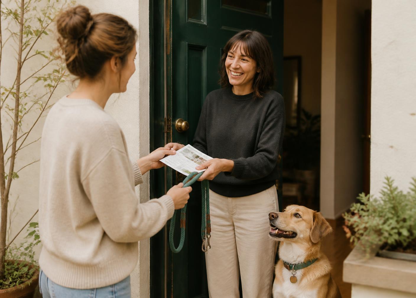 A dog owner handing a leash and a printed care sheet to a neighbour at the front door