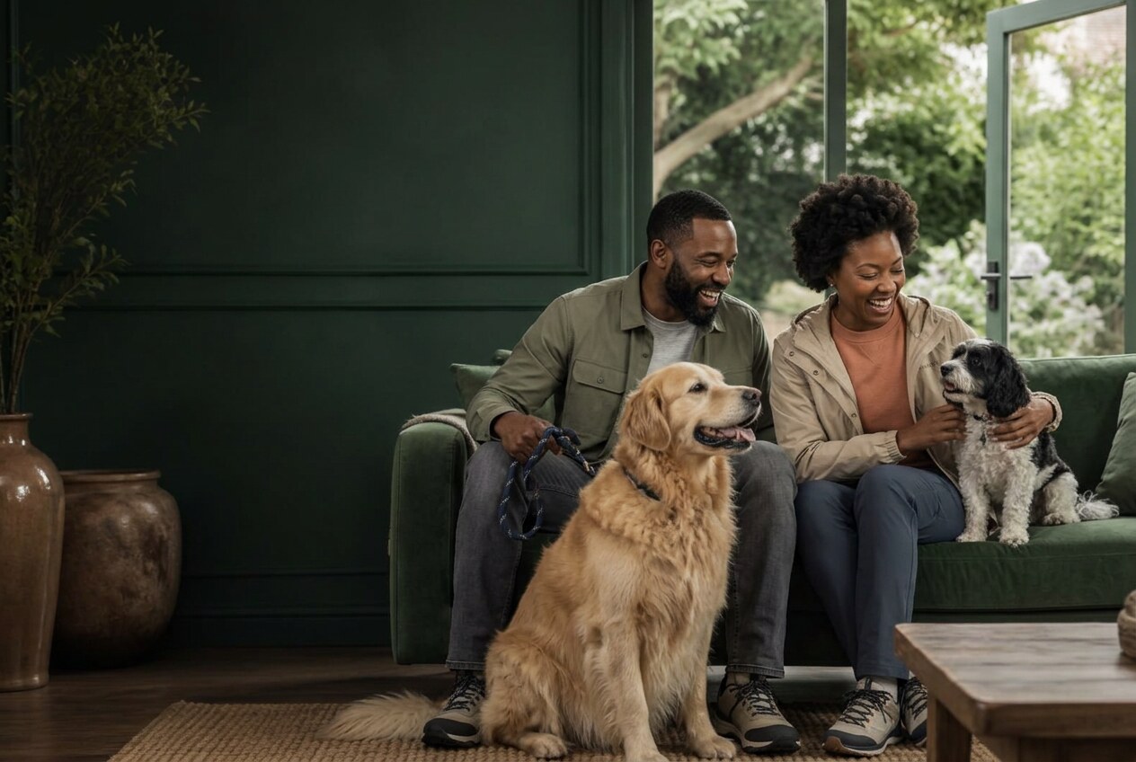A Black couple returning from a dog walk and relaxing at home with their golden retriever and black-and-white dog