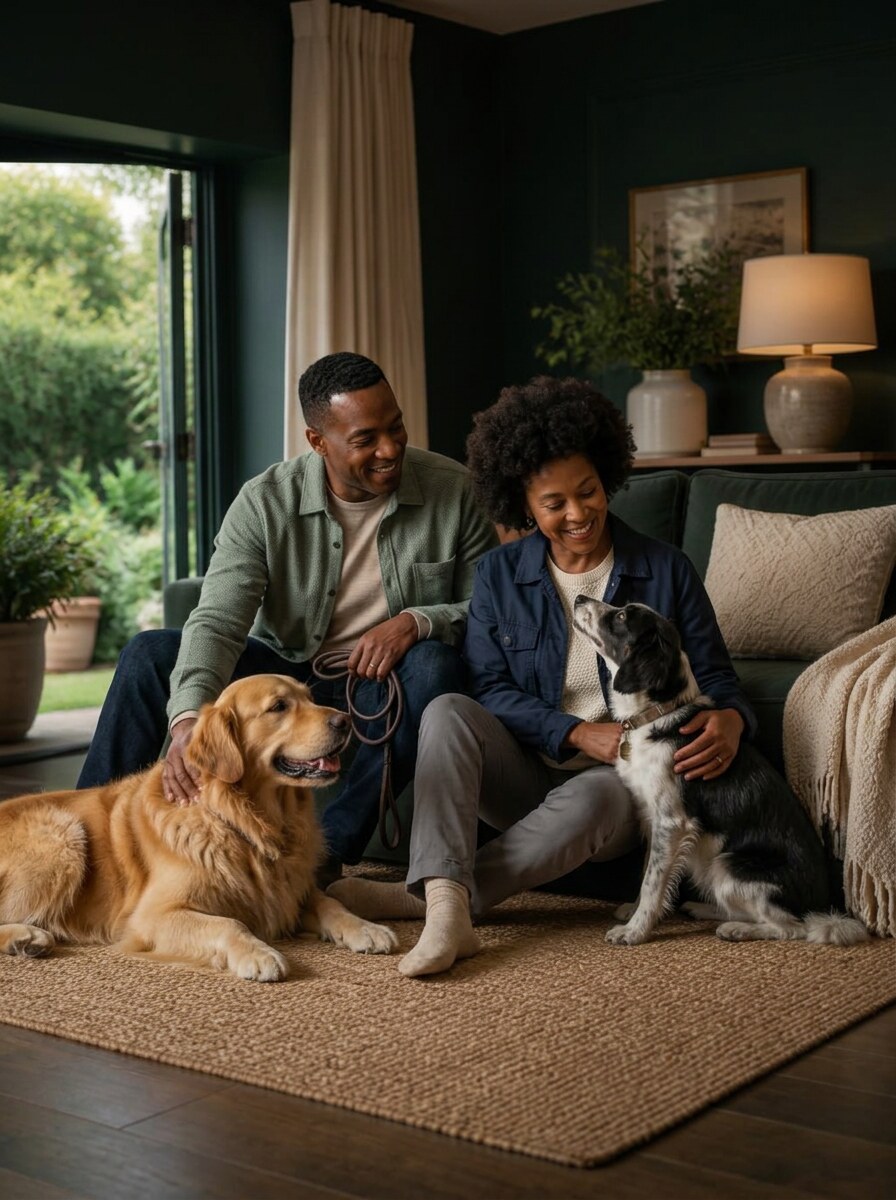 A Black couple in casual outdoor clothes sharing a happy post-walk moment with their two dogs